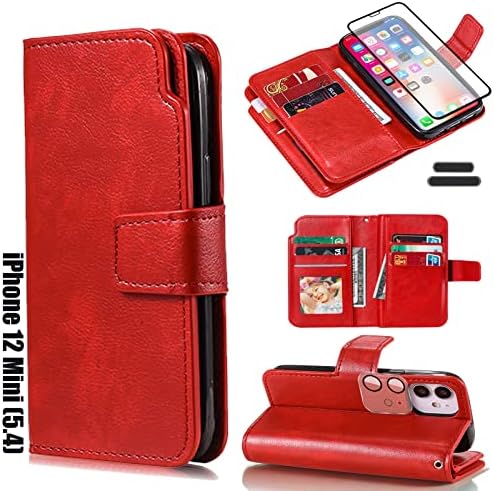 AutSpace IPhone 12 Mini RFID Blocking Retro Flip Leather Wallet Case Red
