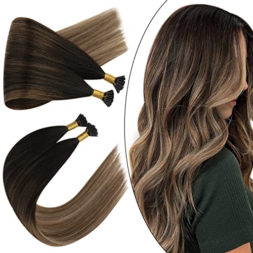 Ugeat Itip Human Hair Extensions 16 Inch Pre Bonded I Tip Human Hair Extensions #2/6/12 Brown Balayage Extensions Cold Fusion Hair Extensions Human Hair 40Grams Pre Pack 0.8G/S