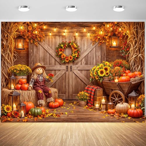 7x5ft Fall Pumpkin Photography Backdrop Autumn Thanksgiving Harvest Rustic Barn Wooden Background Sunflowers Maple Leaves for Baby Shower Family Photoshoot Photo Booth Props & Party Decorations