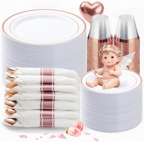 BESTVIP 350PCS Rose Gold Plastic Dinnerware Set, Disposable Party Plates for 50 Guests, Include: 100 Plastic Plates, 50 Pre Rolled Napkins with Rose Gold Silverware, 50 Cups for Christmas, Halloween