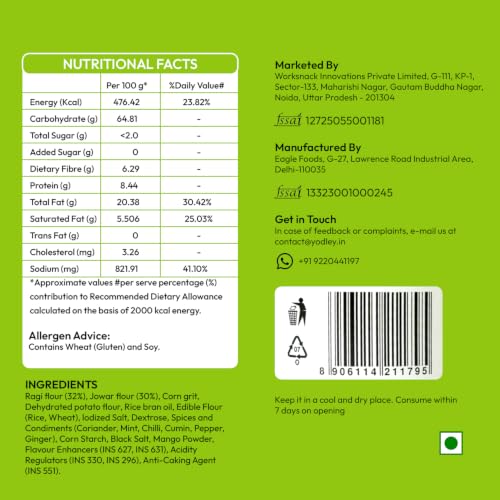 Image of Yodley Millet Masala Munchies - Minty Pudina Flavour | Baked, Not Fried | No Maida, No Palm Oil | Zero Cholesterol | Zero Trans Fat & High In Fiber | Calcium & Iron Rich | Healthy Indian Snack - 150gm