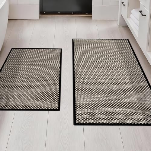 YIHOUSE Thin Bath Mat Black Bathroom Rugs Sets 2 Pieces, Non Slip Absorbent Mats Quick Dry, Woven Rugs Washable, Tapetes para Baño for Bathroom Toilet,Bathtub(17"x24"+17"x32")