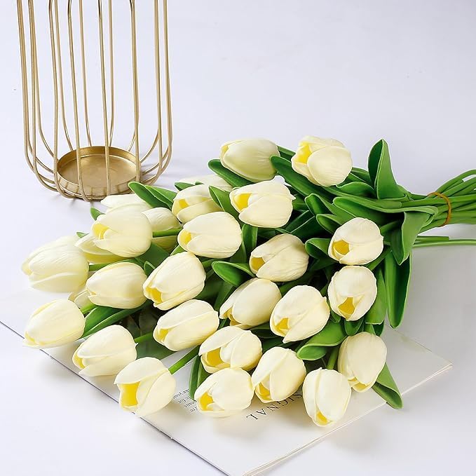 Image of Garden Art Artificial Tulip Flowers (Pack of 5) | Real Touch Silicone Single Stem Tulips for Home Decor, Living Room, Office, Vase & Wedding Decoration GAASTFB-1H-33CR (Cream)