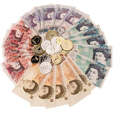 Sterling Pound Play Money Currency for Educational Learning - Bank and Shop Role Play - Literacy - Numeracy - Pretend Play Set - Fake Money Cash UK Banknote Notes and Coins - Kids Children's Toy Cover