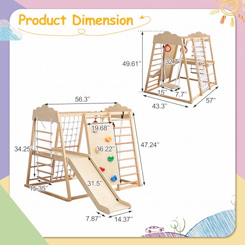 Image of 8-in-1 Wooden Indoor Jungle Gym for Toddlers, Montessori Climbing Playset with Slide, Swing, Climbing Net, Rings, Monkey Bars - Indoor Playground for Kids Ages 3-8