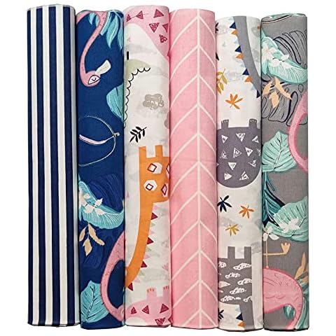Gnognauq Fat Quarters Fabric Bundles Flamingo Striped Floral Prints Quilting Sewing Patchwork 18x22” Blue&Pink Cover