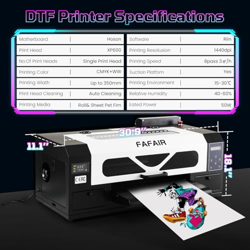 Image of FAFAIR A3 DTF Printer with Powder Shaker, High-Speed XP600 Printhead, DTF Transfer Machine with White Ink Mixing System & Automatic Clean (Printer+Software+Shaker)