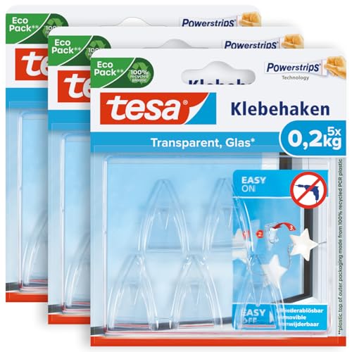 tesa Powerstrips DECO Haken SMALL im 3er Pack - Klebehaken für Deko an Glas und Spiegel - bis zu 200 g Haltekraft - 3 x 5 Haken