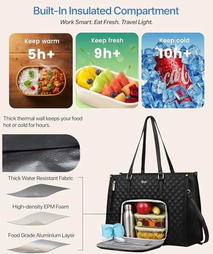 Image of RIONTO Elaris Tote Bag for Women With Insulated Lunch Compartment | Upto 15.6 inch | Water Resistant Handbag | Laptop Bags for Woman Office use with Multiple Compartments - Black