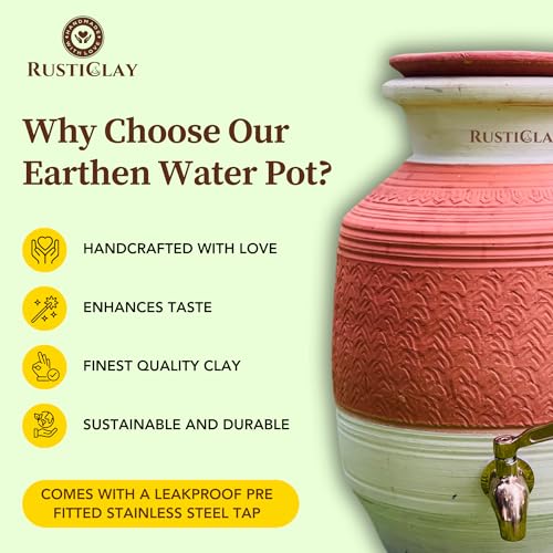 Image of 6L Earthen Clay Water Pot with Lid & Stainless Steel Tap | Dual Color | Natural Alkaline Water Dispenser | Handmade Mud Water Pot | Eco-Friendly & Traditional