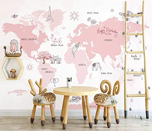 Pink Kids Wallpaper Kids World Map Wall Mural Nursery Map Wall Decor Girls Boys Bedroom Wall Art Kindergarten Wall Paint Art Baby Room Grey Background Custom Color -M0228D - Image 3