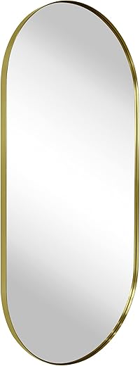TEHOME Brushed Gold Oval Bathroom Mirror 20x40'' Pill Shaped Oblong Vanity Mirror Metal Framed Capsule Mirror for Wall in Stainless Steel Rounded Mirrors for Wall Mounted
