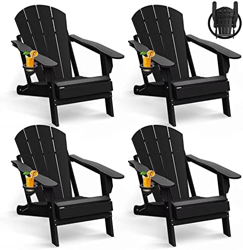 GREENVINES Folding Adirondack Chairs Set of 4, HDPE All-Weather Fire Pit Chairs with Cup Holder, Plastic Campfire Chair for Deck Backyard Patio Outdoor Poolside Porch Lawn Outside, Black