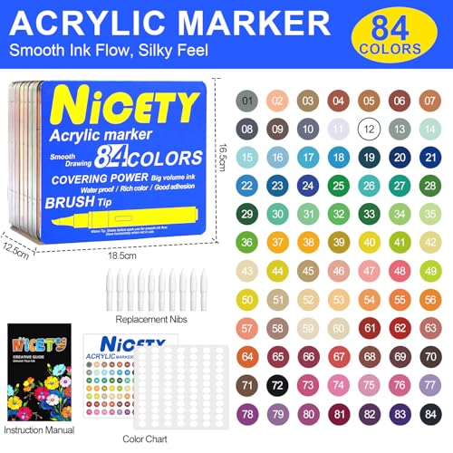 Image of NICETY 84 Colors Acrylic Paint Markers - Water-Based Brush Tip Acrylic Paint Pens with 1-5mm Flexible Tips and Automatic Ink Control for Rock Wood Glass Ceramic Fabric and Canvas
