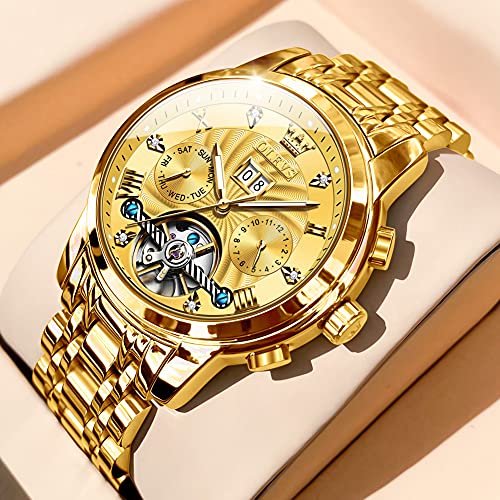 Image of OLEVS Men Automatic Watch Skeleton 5 Hands Mechanical Classic Luxury Multi Calendar Stainless Steel Waterproof Wrist Watch for Men