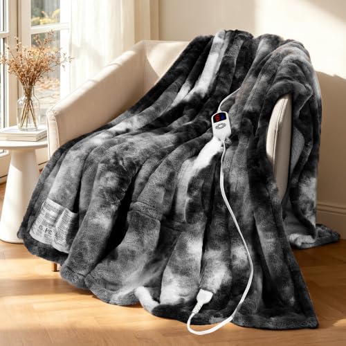 PTQ Electric Heated Blanket 62x84 Luxury Black Twin Faux Rabbit Fur Electric Blanket Fast Heating Soft Fluffy Thick Electric Blanket with 6 Heating Levels & 12H Auto Off
