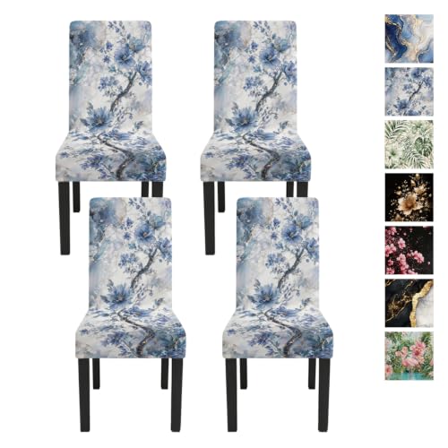 Image of Vintage Blue Floral Dining Chair Covers Set of 4 for Dining Room