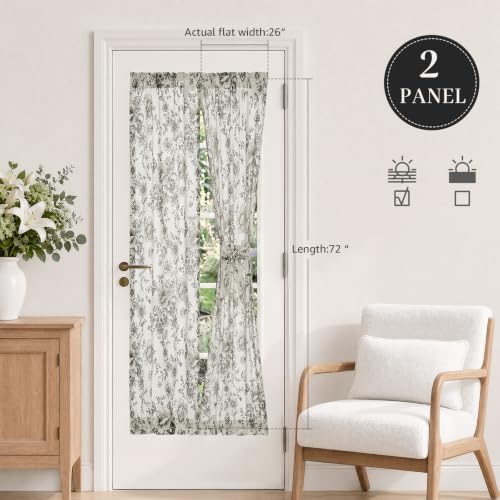 Image of jinchan Floral Sidelight Curtains for Front Door, 26x72, 2 Panels | 25% linen blend, black floral print, light filtering, rod pocket, tiebacks, washable, for front door sidelights