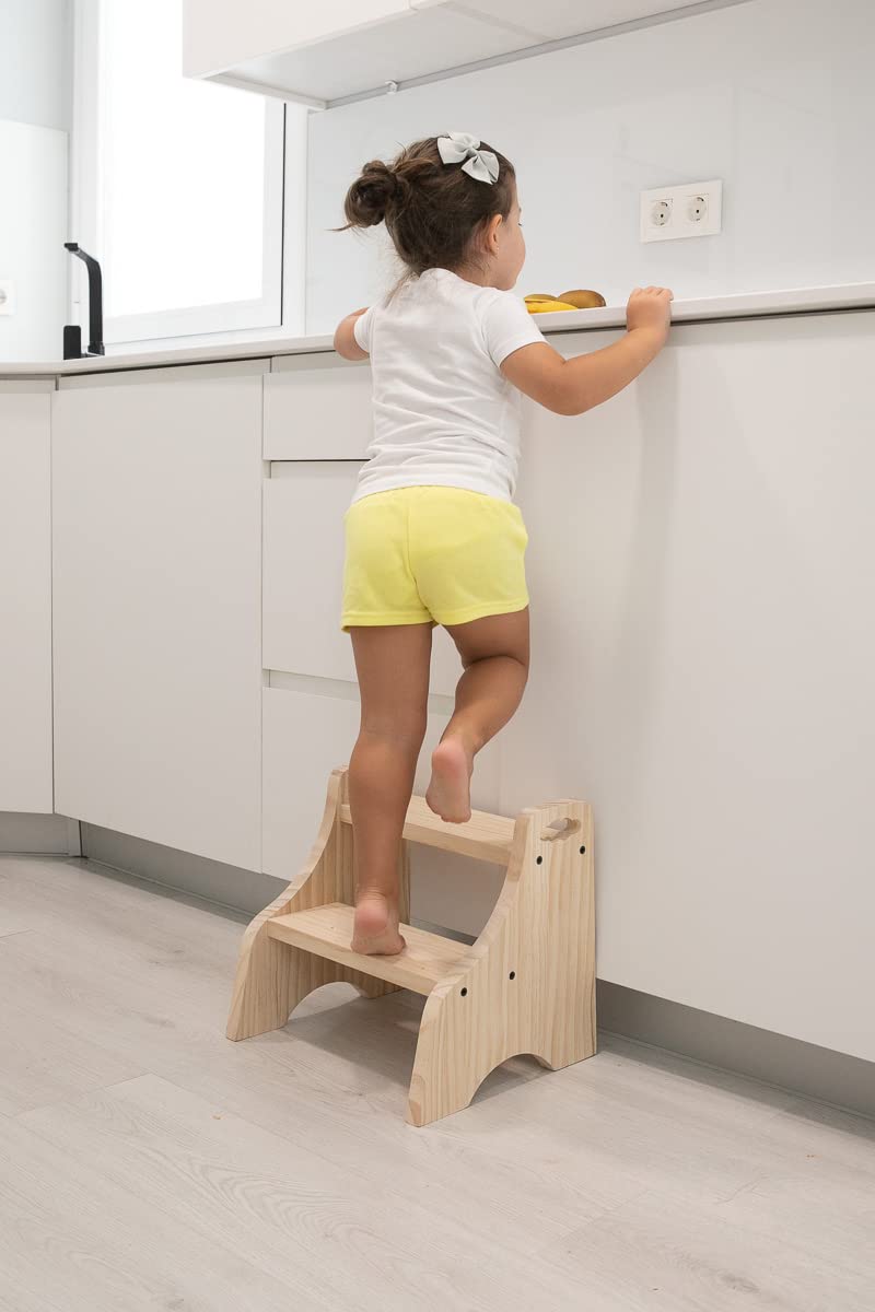 Taburete infantil Montessori - Escalón niños madera 100% natural - banco de madera baño - escalón infantil - escalera 2 peldaños - taburete baño - taburete madera (Modelo Nube)