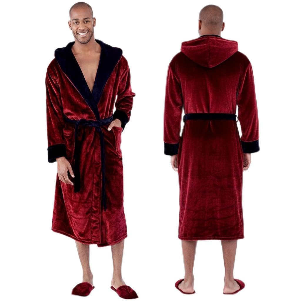 Lotus Linen Men’s Plush Robe - Personalized Spa Robes for Men - Fleece Hooded Bathrobe - Long Bathrobes With Pockets