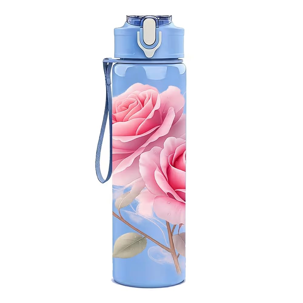 Water Bottle 750ml/26oz – Cute Powder Rose Printed Plastic, Leak‑Proof Pop‑Up Lid, Reusable Cup for Outdoor Activities, Running, Fitness & Cycling Gift(blue)