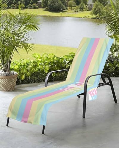 Easter Bunny Beach Chair Towel Covers for Chaise Lounge with Side Pocket, Soft Plush Pool Towels Cover for Patio Sunbathing Outdoor 29''x85'' Colorful Striped Rabbit