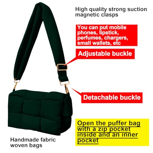 Image of Shoulder Bag Lightweight Puffer Tote Crossbody Bag Handwoven for Women | waterproof nylon, durable, soft padded texture, versatile for travel, work, weekend, everyday, adjustable strap