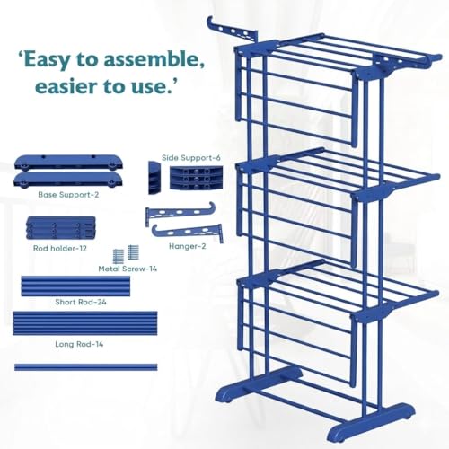 Image of 3-Tier Metal Clothes Drying Stand with 360 Rotating Wheels, Foldable Hanger Stand for Indoor and Outdoor Use, Blue