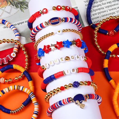 Game Day Bracelets for Women - Red, Orange, Blue Heishi Clay Beaded Stretch Bracelets - Stackable Sports Charm Bracelet Bangles 6