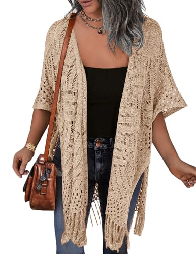 Image of HOTOUCH Womens Knit Cardigan Open Front Outwear Hollow Out Crochet Tassel Lightweight Kimonos Sweater S-XXL