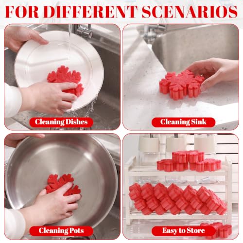 Image of Tioncy 12 Pack Red Snowflakes Kitchen Sponges Bulk Dual Sided Scrubber Sponges Dishwashing Kitchen Cleaning Accessories for Household Supplies(3.54 x 3.54 x 0.98 Inches)