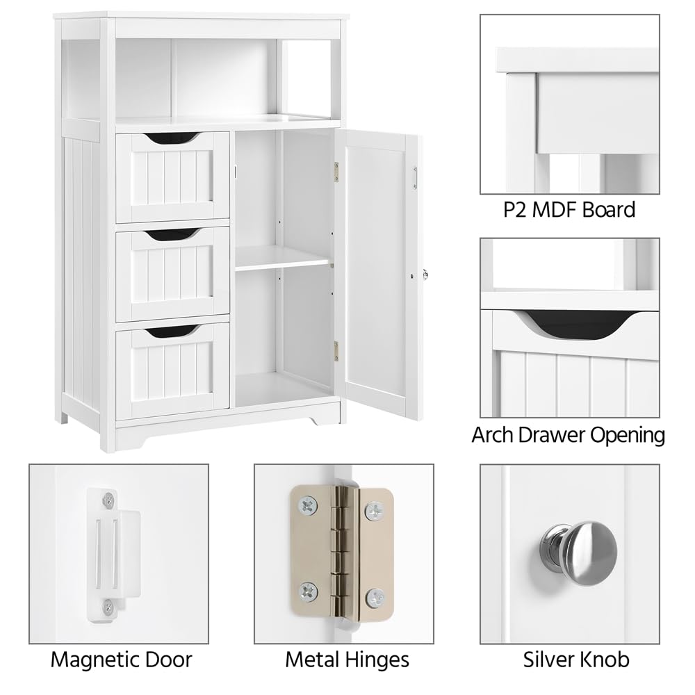 Yaheetech Mueble Baño de Madera Armario Baño con Cajón y Estante Ajustable Mueble Auxiliar de Cocina Armario Multiusos con Puertas Dobles para Salón Entrada Blanco 55,5x29,5x86,5 cm