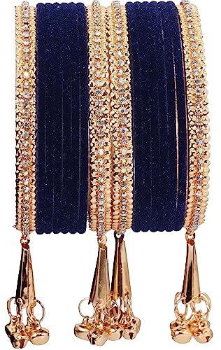 Image of NMII Metal with Zircon Gemstone and Velvet Studded Bells Latkan Bangles Set For Girls and Women I Latkan Bangles, Premium Bangle Bracelet Set I Pack of 16 Bangles