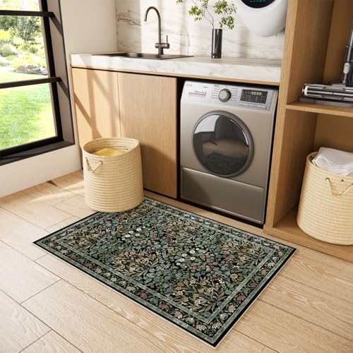 Image of Floral Entryway Rug, 2x3 Kitchen Rugs Non Slip Washable Traditional Design Vintage Floral, Soft Door Mat Indoor Entrance, Ultra-Thin Easy Clean Small Throw Carpet for Bedroom Bathroom