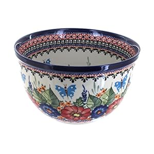 Blue Rose Polish Pottery Floral Butterfly Medium Mixing Bowl