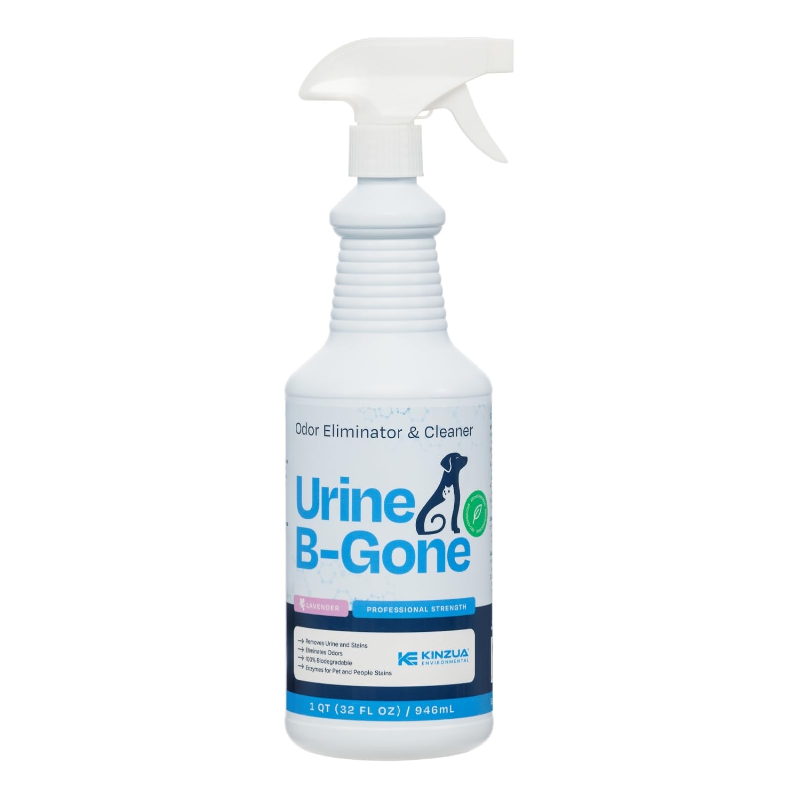 KINZUA ENVIRONMENTAL Urine B-Gone, Professional Enzyme Odor Eliminator & Pet Stain Remover, Human, Cat & Dog Urine Cleaner, Effective on Laundry, Carpets & More, Lavender Scent, 32oz