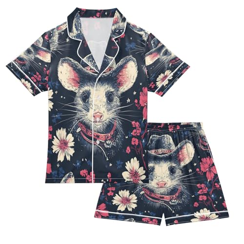Satin Pajama Sets Short Sleeve Opossum Cowboy Floral Pattern Button Down Silky Nightwear 2 Piece PJS 5-14Y