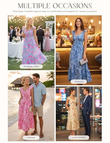 Image of GRACE KARIN Women's Summer Floral Maxi Dress 2026 Ruffle Sleeve Smocked Sundress Flowy Wedding Guest Long Dresses with Pocket