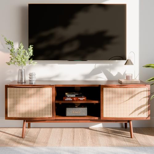 Nancy TV Stand Solid Acacia Wood Rattan Media Console Mid Century Modern Entertainment Center with Adjustable Shelf Storage for 58 Inch TVs-image-6
