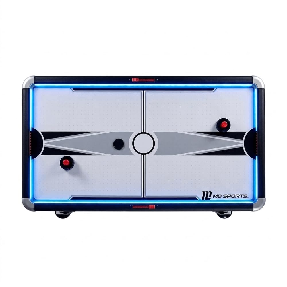 DEVESSPORT Air Hockey Rebel con Efectos LED, Mesa de Hockey Eléctrico, Incluye Todos los Accesorios Necesarios, Montaje Rápido en Casa 226x127x78 cm