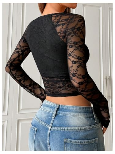 Women's Lace Sheer Mesh Ruched T Shirt Square Neck Long Sleeve Slim Fit Crop Tops2