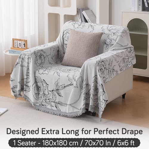 Image of HOKIPO Printed 320 GSM Chenille Sofa Cover Throw Blanket for 1 Seater Sofa - All Season, 'Serene Abode Series' White Rose Garden (180x180 cm) (AR-6631-D1)