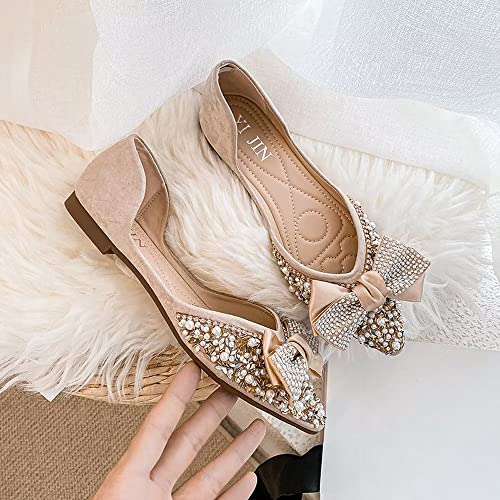TN TANGNEST Womens Ballet Flats Fashion Bowknot Pointed Toe Flats Shiny Rhinestone Flats Comfort Slip On Dress Shoes Apricot 39(7.5)3