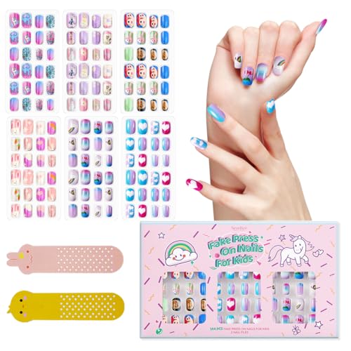 144 Pcs Uñas Postizas Acrílicas Para Niños, Prepegamento, Cobertura Completa, Arcoíris, Corazón, Gato, Uñas Postizas Cortas, Juegos De Kits De Arte De Uñas Postizas Para El Día San Valentín Para Niños