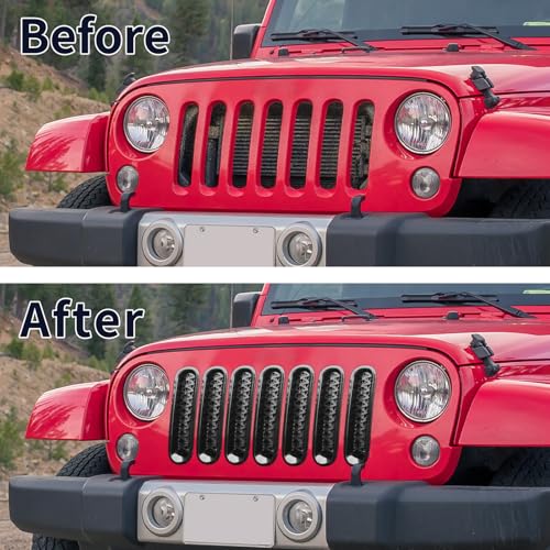 Image of Black JK Grill Inserts Front Grille Mesh Cover Guard Clip-in Compatible with 2007-2018 Jeep Wrangler JK & JKU Accessories (Pack of 7)
