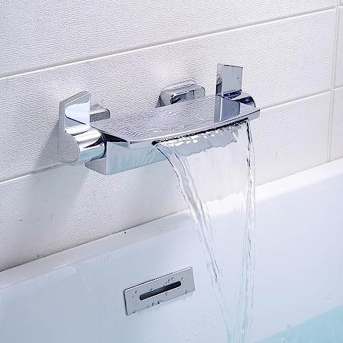 MOCHAMIK Grifos de bañera en Cascada, Juego de Ducha de baño Negro, Grifo Mezclador Dorado, Doble contral, montado en la Pared para baño (HSL10C)