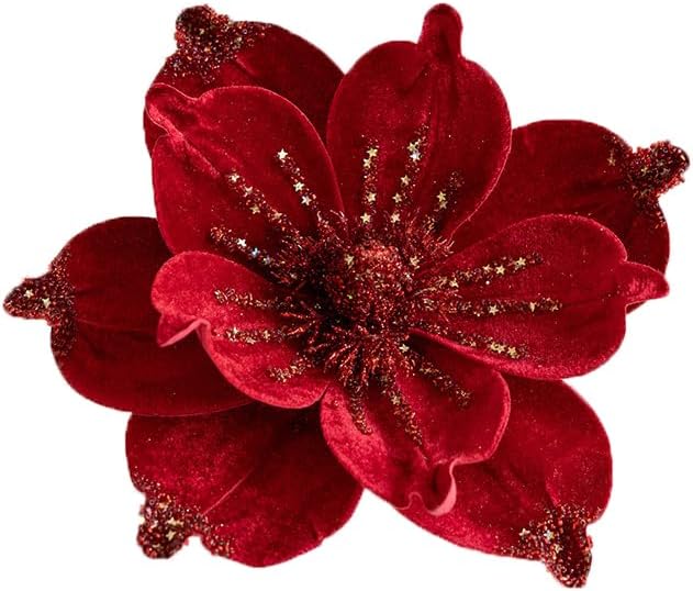 6 Pcs Christmas Glitter Magnolia Flower Artificial Poinsettia Magnolia Flowers with Stem 9.4inch Christmas Tree Magnolia Flowers for Xmas Wedding Holiday Decor Wreath Garland Photo Prop (Red)