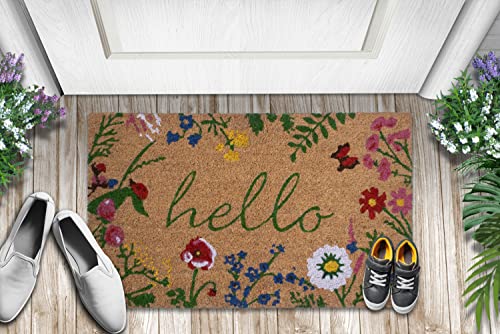 Mascot Hardware Hello Welcome Doormat 28 X 18 Inch Non Slip Standard Mat, Rectangular And Durable Natural Coir & Vinyl Back With Long Lasting Color -Decorative Indoor Outdoor Front Door Entrance Mats #TOP2