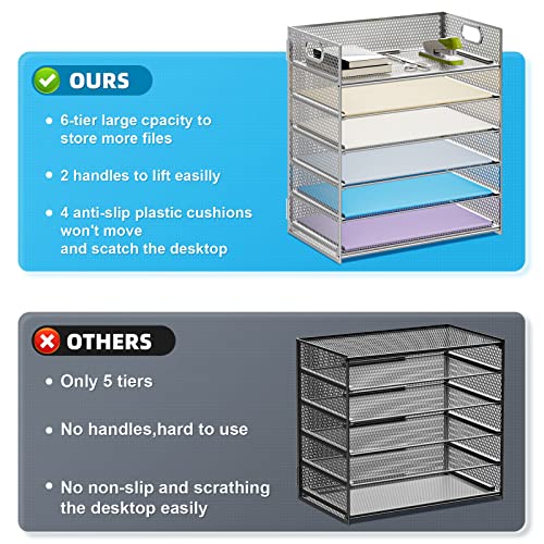 Image of Marbrasse 2 Pack Desk Organizer with Handle, 6 Tier Paper Letter Tray, Mesh Desk File Organizer for Office, School and Home - Silver