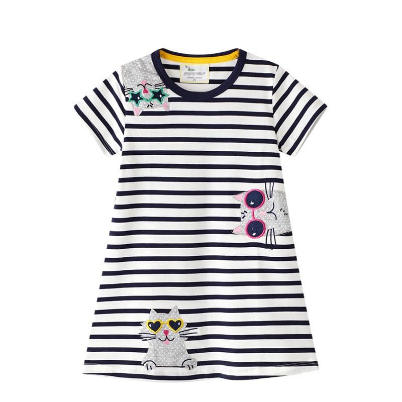 Girls Cotton Dress Toddler Summer Short Sleeve Animal Print Cartoon Dresses 2-8 T